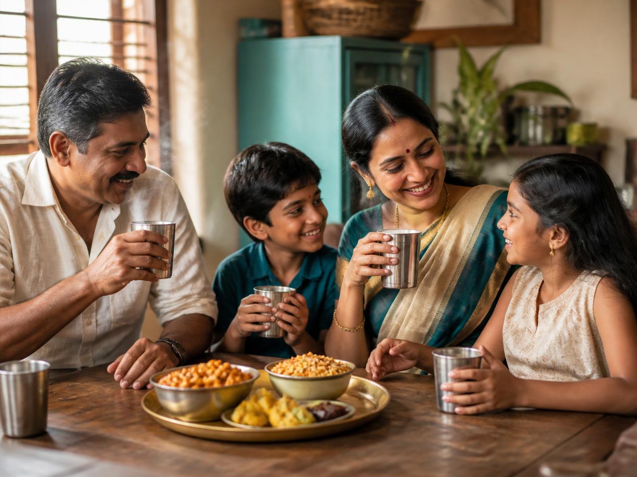 Family enjoying tea and Karnataka snacks together